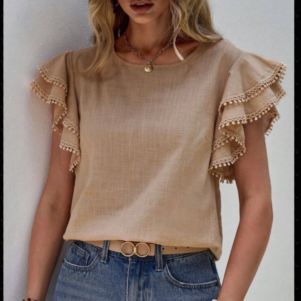 Khaki Casual Round Neck Lotus Leaf Batwing Shirt